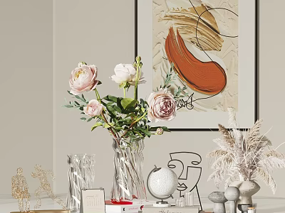 Decorative Ornament Collection With Pink Peonies Glass Vase Face Sculpture Feather Decor And Art Painting 3d model