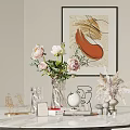 Decorative Ornament Collection With Pink Peonies Glass Vase Face Sculpture Feather Decor And Art Painting