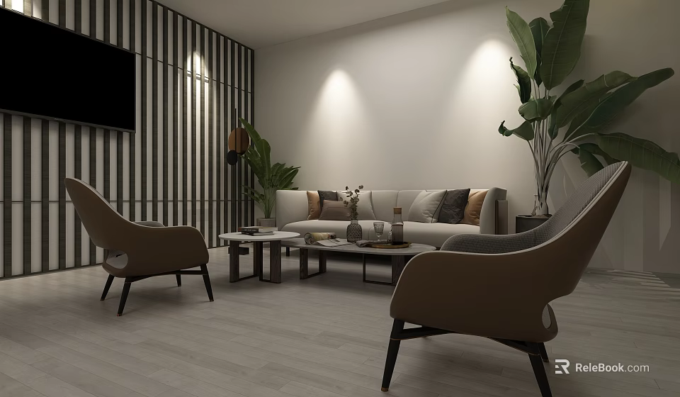 Modern Conference Room Interior Design With Sofa Chairs Coffee Table TV And Plants 3d model 