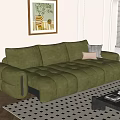 Green velvet multi-seater sofa with tufted design and throw pillows in modern living room