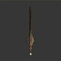 Ornate Curved Blade Weapon With Red Orange Design And Metallic Edge