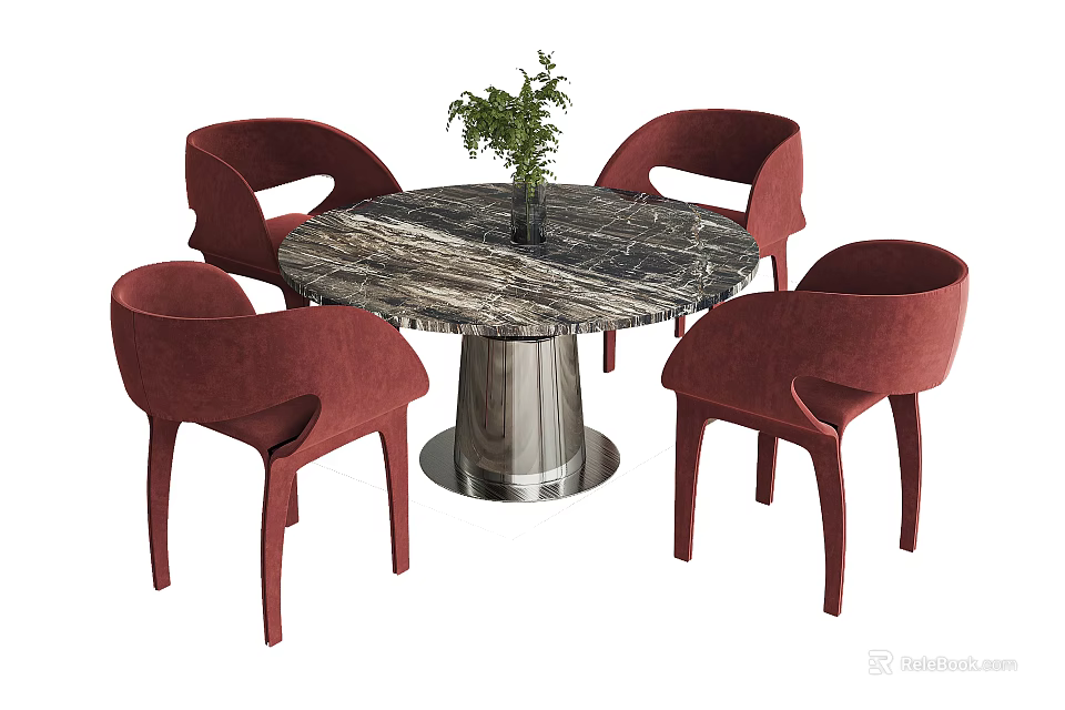 Modern Round Dining Table Set With Marble Tabletop Silver Metal Base And Four Red Chairs 3d model