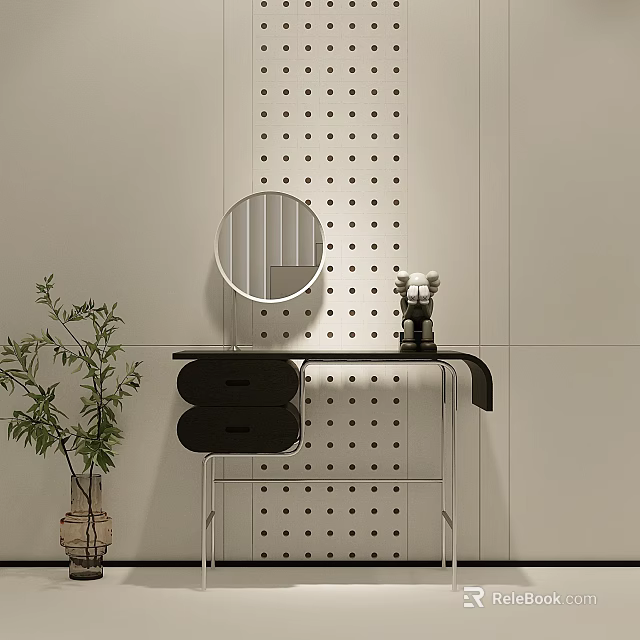 Modern Dressing Table With Round Mirror Polka Dot Wall Two Drawers Green Plant And Decor 3d model 