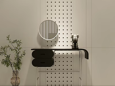 Modern Dressing Table With Round Mirror Polka Dot Wall Two Drawers Green Plant And Decor 3d model