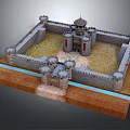 Cartoon Castle Scene With Stone Walls Towers Moat And Green Grass