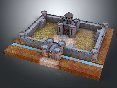 Cartoon Castle Scene With Stone Walls Towers Moat And Green Grass 3d model
