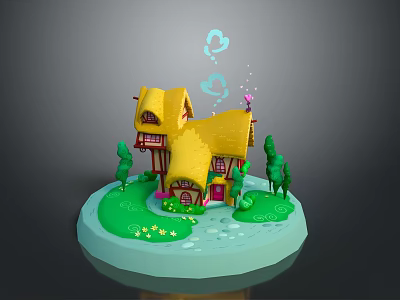 Fairy Tale Small House 3D Model With Yellow Roof Red Windows Green Trees And Grass 3d model