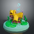 Fairy Tale Small House 3D Model With Yellow Roof Red Windows Green Trees And Grass