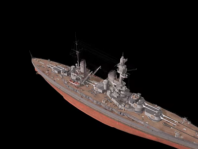 Battleship With Multiple Turrets Masts Smokestacks And Red Hull Design 3d model