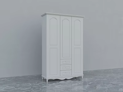 White Three Door Wardrobe With Middle Drawers On Gray Marble Floor Against Light Gray Wall 3d model