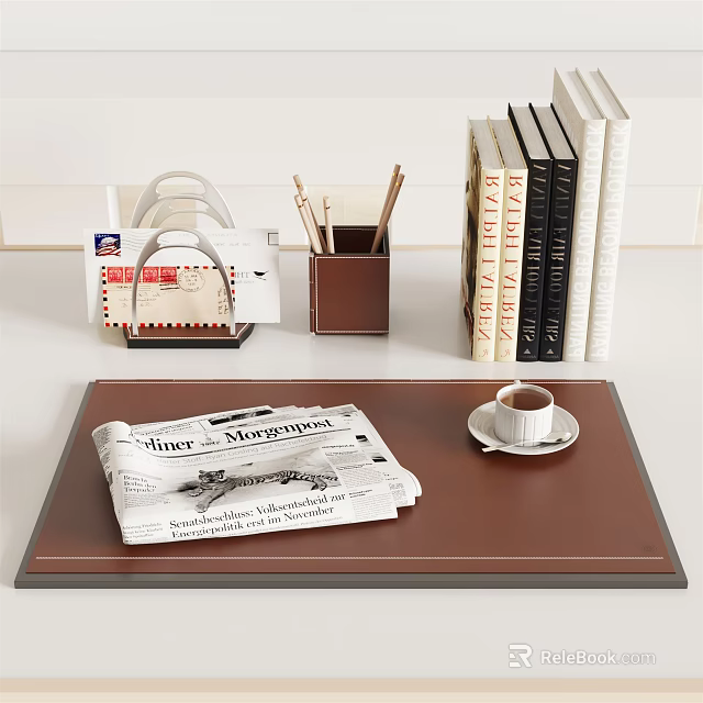 Decorative Ornaments Set with Tray Newspaper Coffee Cup Handbag Shaped Ornament Pen Holder and Books 3d model 