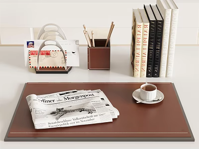 Decorative Ornaments Set with Tray Newspaper Coffee Cup Handbag Shaped Ornament Pen Holder and Books 3d model