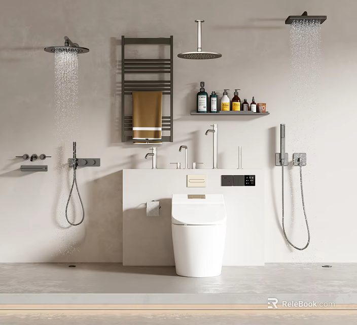 Modern Shower Head And Handheld Sprayer In Bathroom With Towel Rack Bath Products And Toilet 3d model 