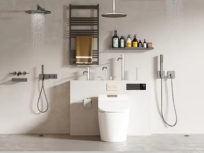 Modern Shower Head And Handheld Sprayer In Bathroom With Towel Rack Bath Products And Toilet 3d model