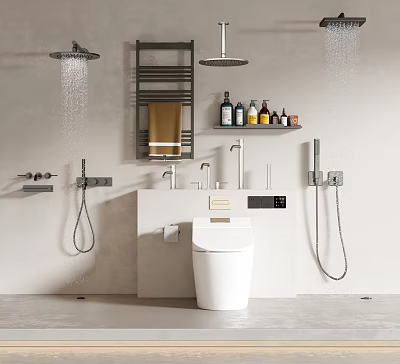 Modern Shower Head And Handheld Sprayer In Bathroom With Towel Rack Bath Products And Toilet 3d model