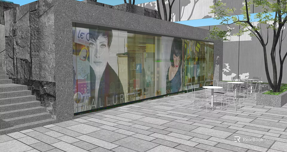 Stylish Restaurant Exterior With Glass Facade Portrait Posters And Outdoor Seating 3d model 