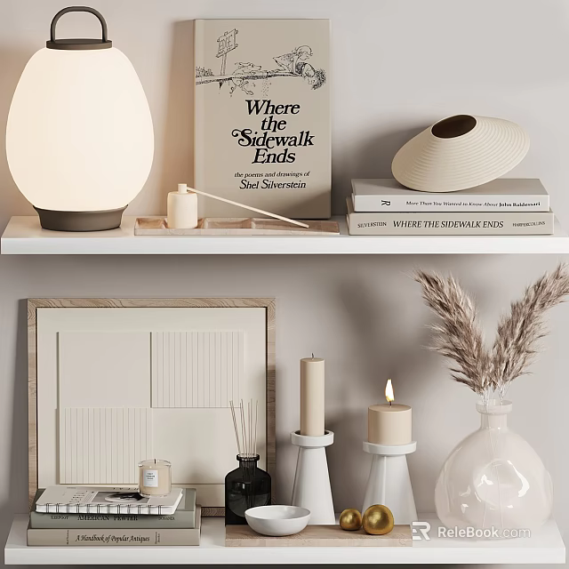 Minimalist Decorative Ornament Set With Table Lamp Books Straw Hat Picture Frame Candles And Vase 3d model 