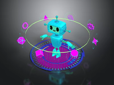 Blue 3D Grid Robot Surrounded By Glowing Neon Shapes Triangles Stars And Rings 3d model