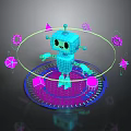 Blue 3D Grid Robot Surrounded By Glowing Neon Shapes Triangles Stars And Rings