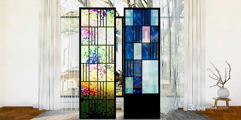 Decorative Ornament Combination Featuring Colorful Stained Glass Screens For Modern Home Interior 3d model 