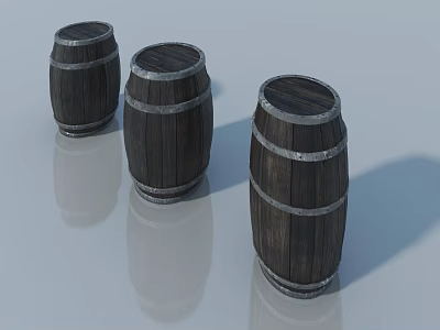 Three Dark Wooden Barrels with Metal Hoops on White Background 3d model