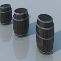 Three Dark Wooden Barrels with Metal Hoops on White Background