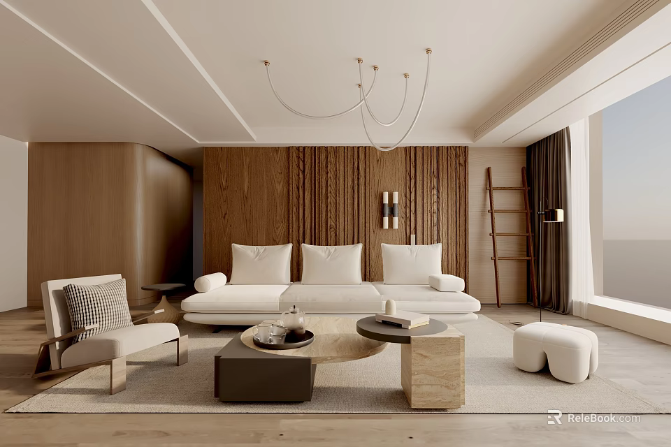 Modern Living Room Interior Design With Wooden Accent Wall White Sofa And Pendant Lighting 3d model 