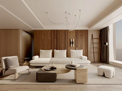 Modern Living Room Interior Design With Wooden Accent Wall White Sofa And Pendant Lighting 3d model