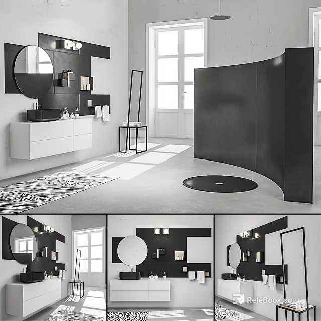 Modern Washbasin Vanity With Round Mirror And Wall Lighting In Bright Room 3d model 