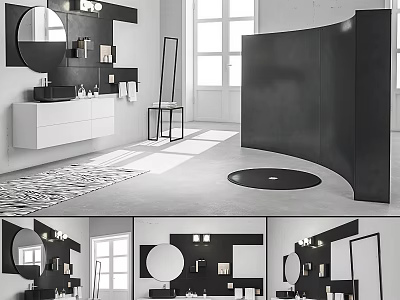 Modern Washbasin Vanity With Round Mirror And Wall Lighting In Bright Room 3d model