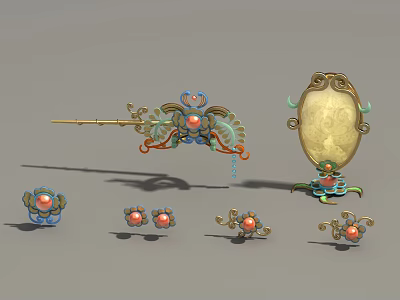 Exquisite Ornate Jewelry Collection With Coral Beads Enamel Details And Intricate Patterns 3d model