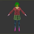 Woman With Silver Gray Hair In Purple Sweater Plaid Skirt Black Tights And Red Shoes