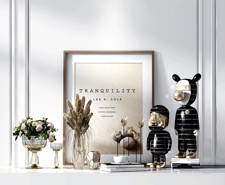 Elegant Modern Decorative Ornament Set With Framed Art Print Stuffed Animal Figures Vases And Dried Pampas Grass 3d model 