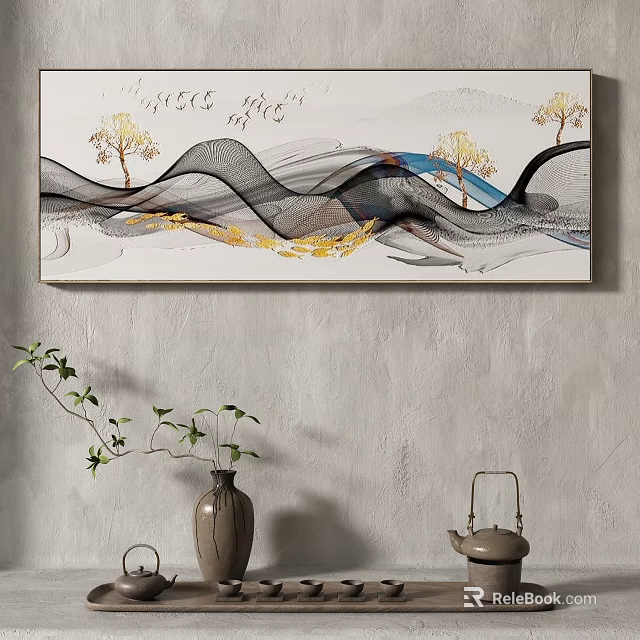 Abstract Landscape Painting On Concrete Wall With Decorations 3d model