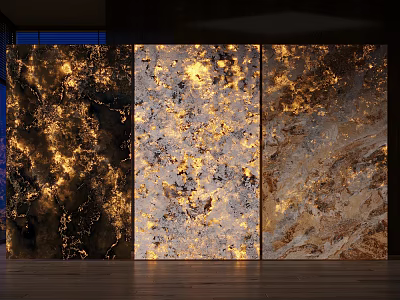 Three Textured Wall Panels With Golden Patterns In Modern Interior 3d model