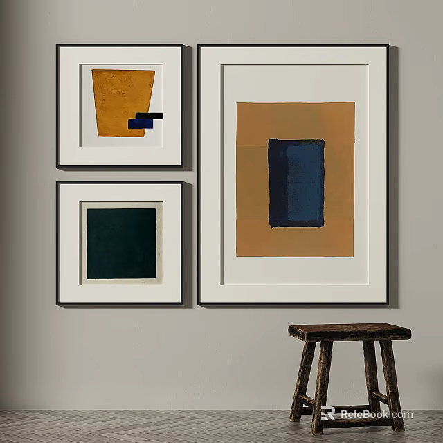 Framed Abstract Paintings With Yellow Blue Dark Blocks On Wall 3d model