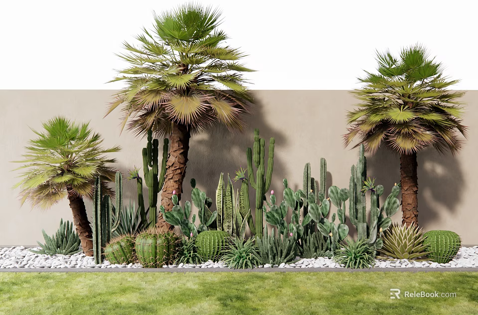 Plant Combination With Palm Trees Various Cacti Grass And Pebbles 3d model 