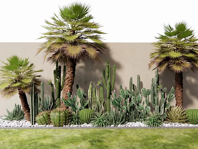 Plant Combination With Palm Trees Various Cacti Grass And Pebbles 3d model