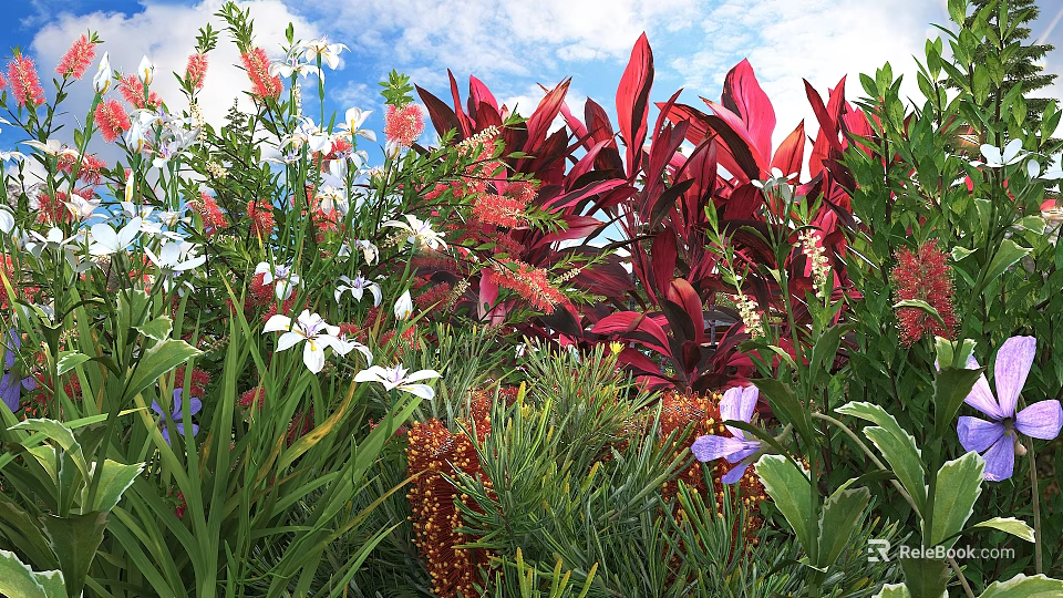 Vibrant Garden Shrubs With Colorful Flowers And Red Purple Leaves Under Blue Sky White Clouds 3d model 