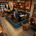Cozy Espresso Café Interior With Teal Counter Wooden Decor And Pendant Lights