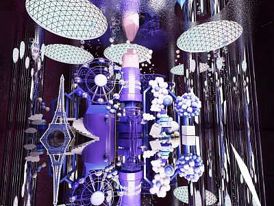 Inflatable Tower And Spherical Decorations With Purple Lighting And Mirror Reflections 3d model