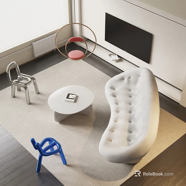 Modern Tufted White Sofa And Round Coffee Table Set With Colorful Chairs And TV 3d model 