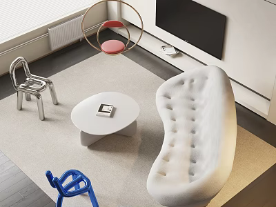 Modern Tufted White Sofa And Round Coffee Table Set With Colorful Chairs And TV 3d model