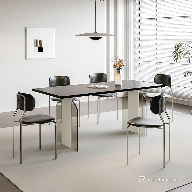 Modern Dining Table Set With Black Chairs Natural Light Decorative Painting And Pendant Light 3d model 