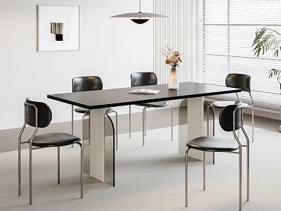 Modern Dining Table Set With Black Chairs Natural Light Decorative Painting And Pendant Light 3d model
