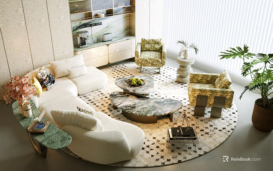 Modern Luxury Curved Sofa And Marble Coffee Table Set For Cozy Elegant Living Room Interior 3d model 