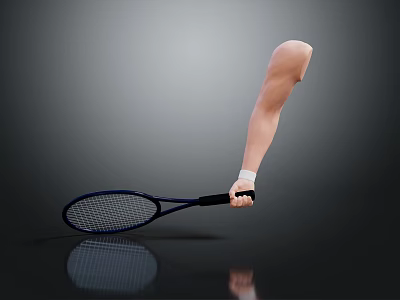 Prosthetic Arm Holding Tennis Racket On Gray Background With Reflection 3d model