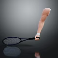Prosthetic Arm Holding Tennis Racket On Gray Background With Reflection