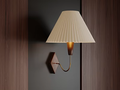 Elegant Modern Wall Sconce With Pleated Fabric Shade And Brass Arm Mounted On Dark Wooden Wall 3d model