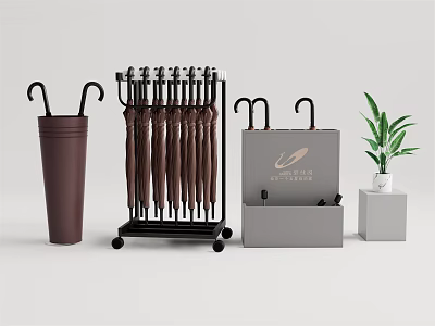 Essential Daily Life Supplies Featuring Umbrella Rack Umbrellas Holder Box And Potted Plant 3d model